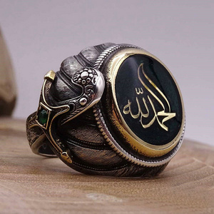 Qushine multi-style Arabic Scripture Rhinestone Exaggerated Islamic Ring Allah Muslim 925 ancient silver plated Rings for men