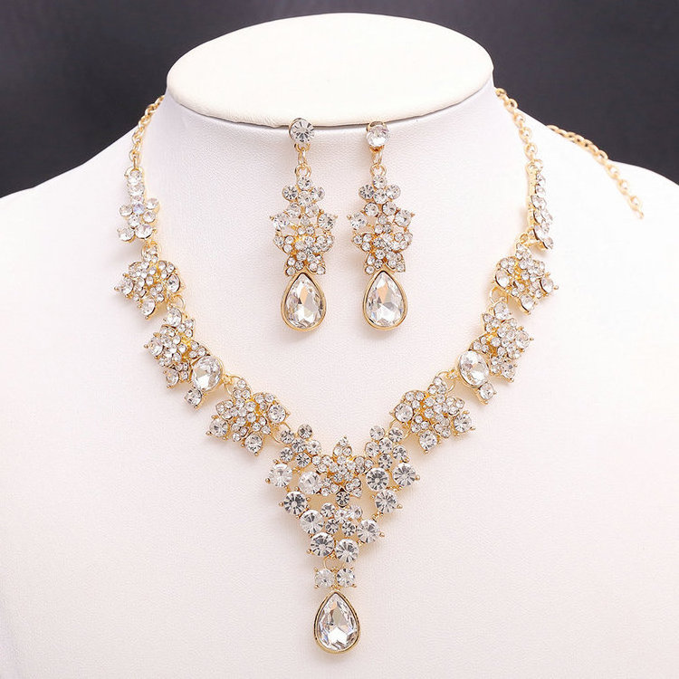 2023 New arrival Fashion Crystal Rhinestone Necklace Earrings Bridal Wedding Jewelry Set wholesale