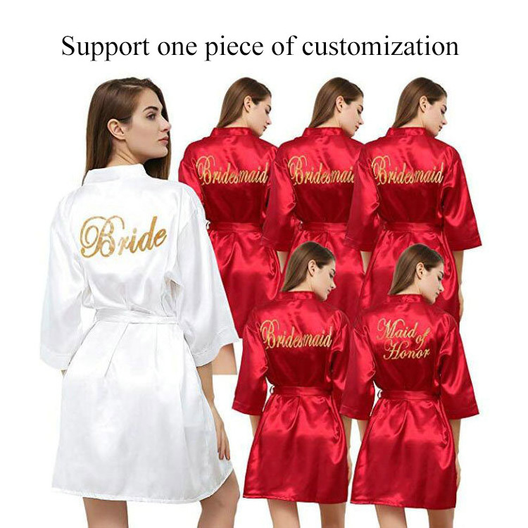 Qushine Wholesale Satin Silk Short Robes  women With Gold Glitter For Bride And Bridesmaid Wedding Designer Bridal Bathrobe