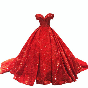 Qushine Fashion Women Sequin Beaded Wedding Maxi Dresses Red long tail Wedding Ball Gown Sequined