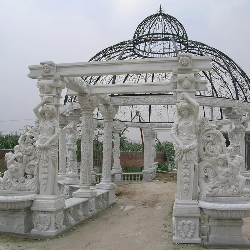 Sculpture Factory Custom Natural Marble Gazebo Sculpture Stone Roman Pillar Gazebo For Outdoor Decor Marble Gazebo