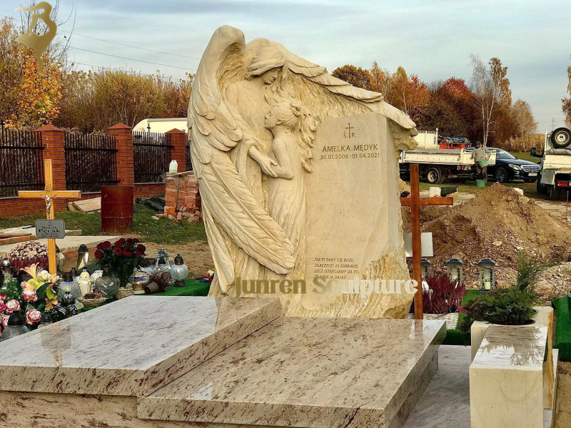 Custom Life size cemetery white marble guardian angel headstone for sale