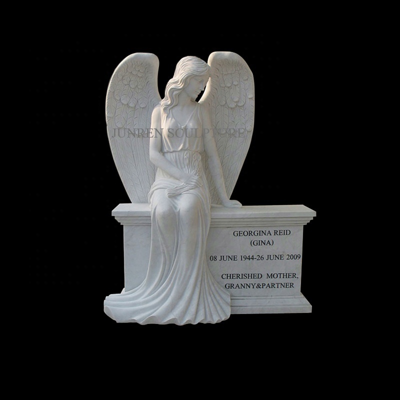 Factory Price Hand Carved Black Marble Sitting Angel  With Flowers Memorial Headstone Tombstone