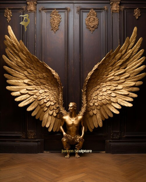 Abstract Garden Large Metal Statue Golden Color Stainless Steel Art Large Angel Wings Sculpture Nude Man with Big wings