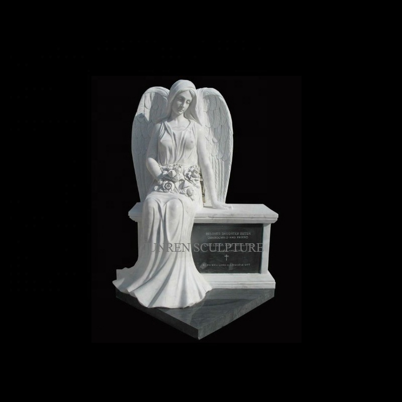 Factory Price Hand Carved Black Marble Sitting Angel  With Flowers Memorial Headstone Tombstone