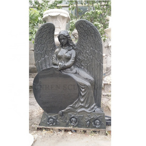 Factory Price Hand Carved Black Marble Sitting Angel  With Flowers Memorial Headstone Tombstone