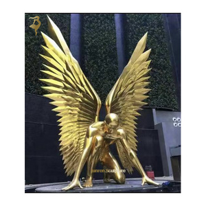 Abstract Garden Large Metal Statue Golden Color Stainless Steel Art Large Angel Wings Sculpture Nude Man with Big wings