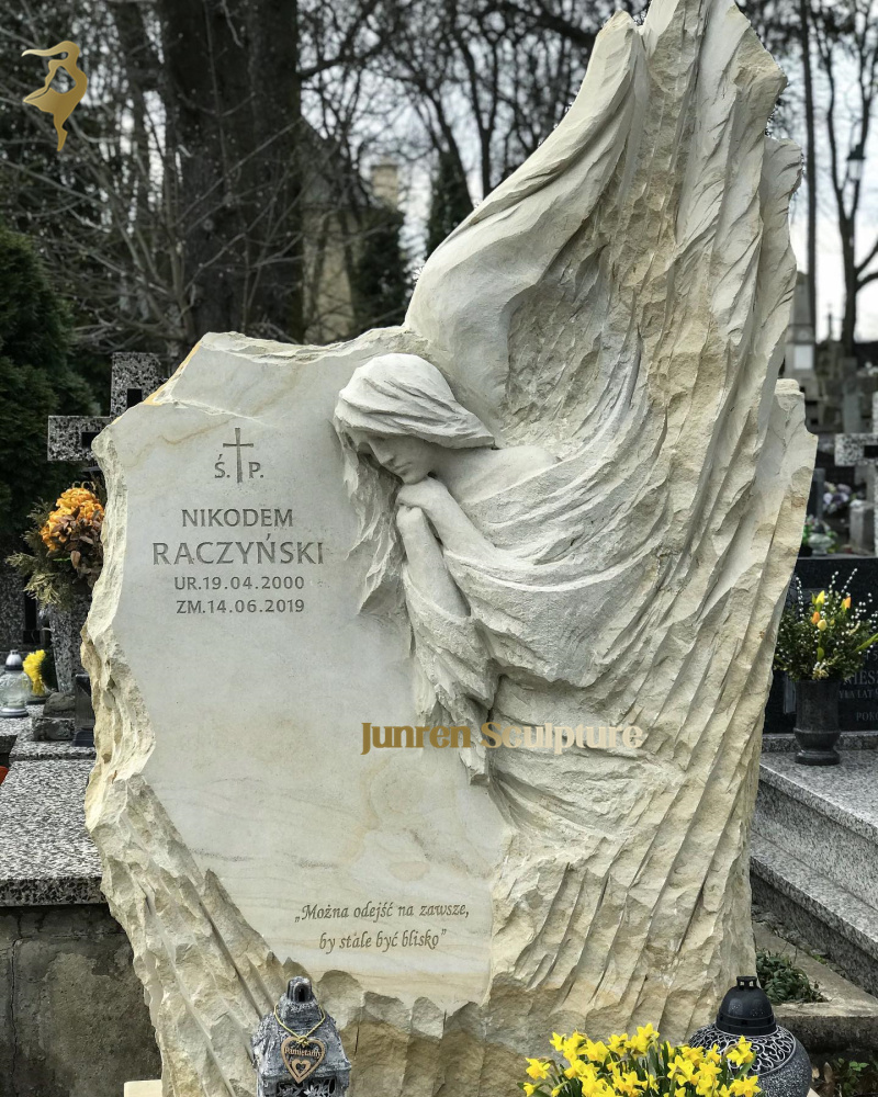 Custom Life size cemetery white marble guardian angel headstone for sale