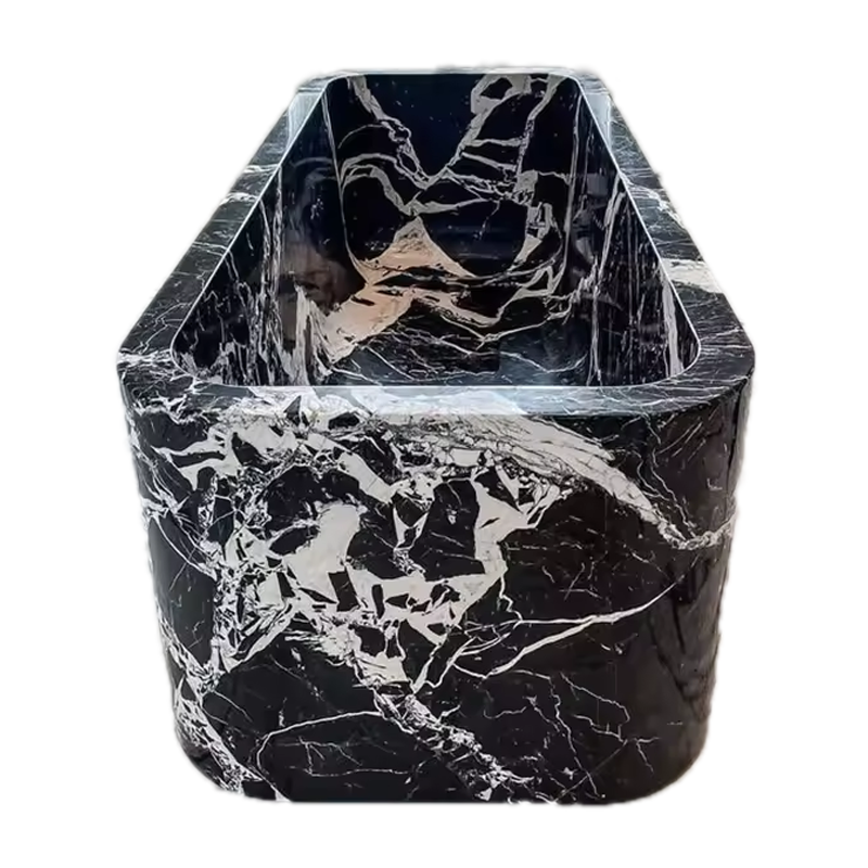 Shengye Hand Carved High Polishing Natural Stone Bathtub Black and White Marquina Marble Freestanding Bath Tubs  Bathroom