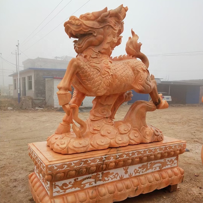 Modern Art Hand Carved Natural Stone Chinese Qilin Statue Chinese Kirin Sculpture Garden Stone Statue White Marble Kylin Statue