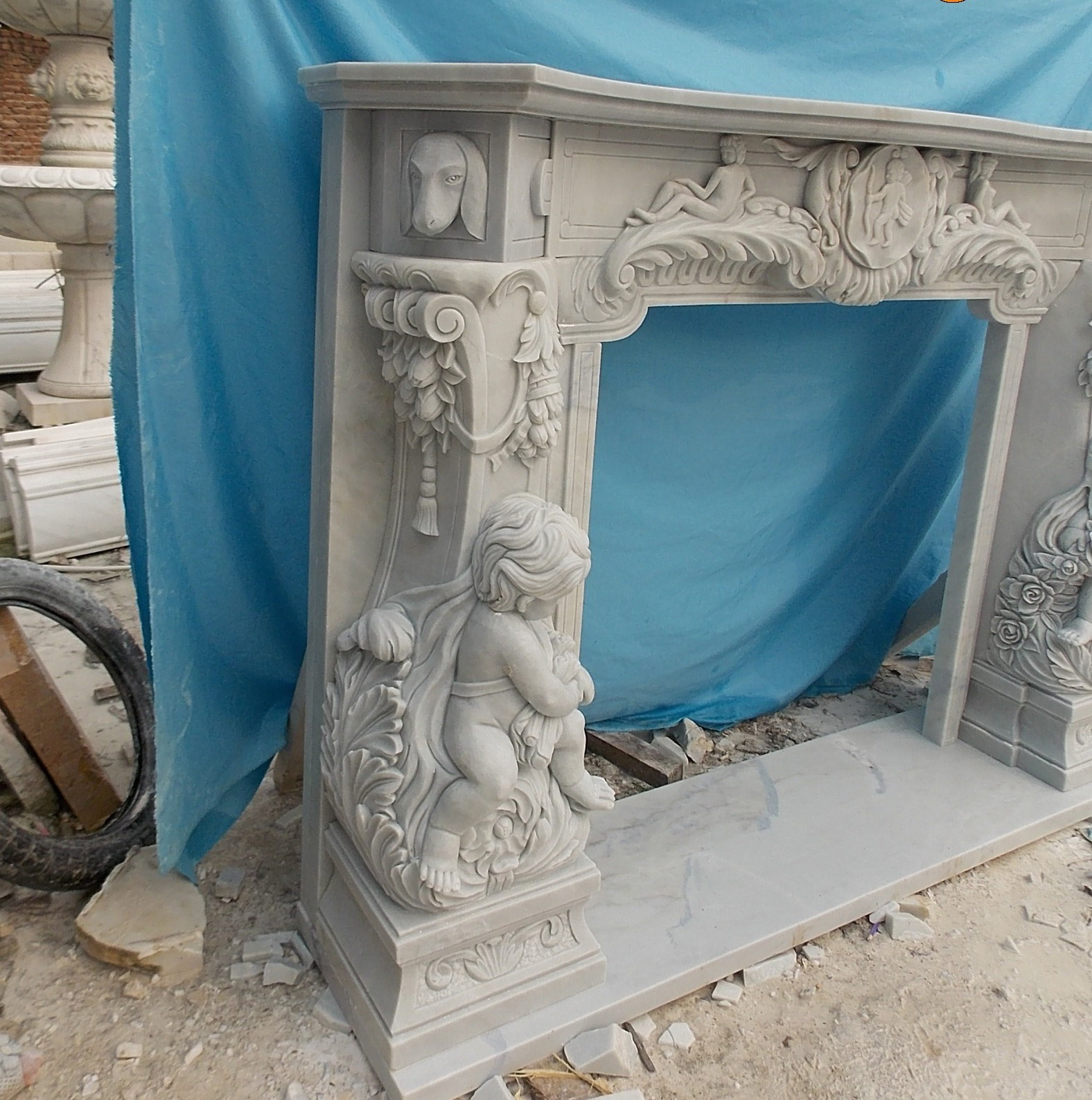 Indoor Home Decoration Popular Design Hand Carved Decorative  marble fireplace  Modern Marble tabletop  Fireplace sculpture