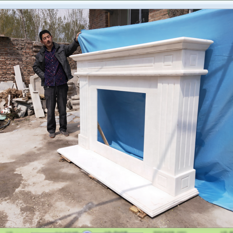 Stone Carved European and American Style Custom Fireplace White Freestanding Indoor Gas Burning 3 Sided Fireplace Indoor Shengye