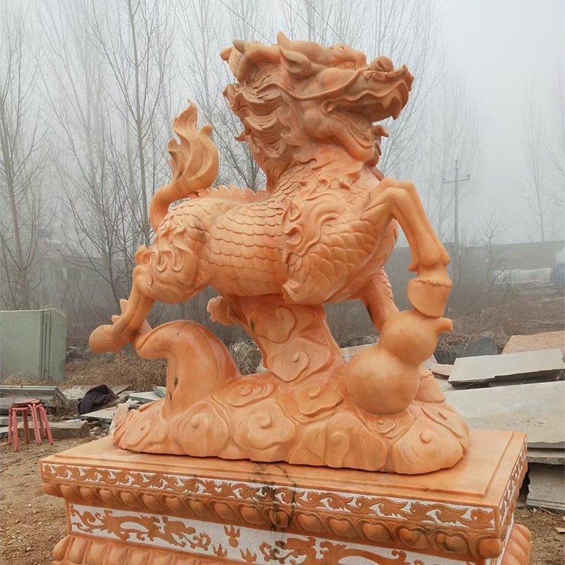 Modern Art Hand Carved Natural Stone Chinese Qilin Statue Chinese Kirin Sculpture Garden Stone Statue White Marble Kylin Statue