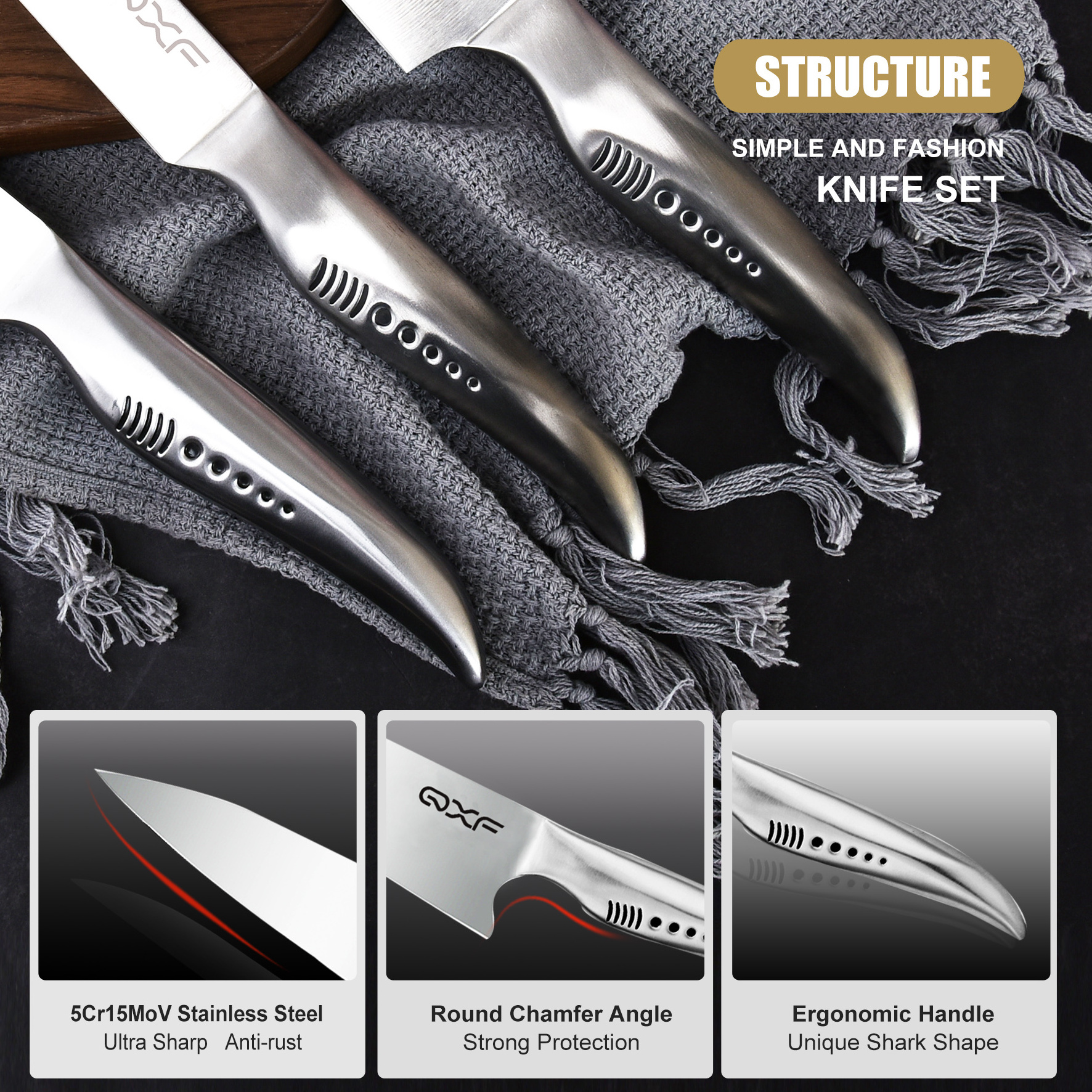 QXF Hot Sale Stainless Steel Shark Series Patent Hollow Handle Chef Knife Set with Wood Knife Block