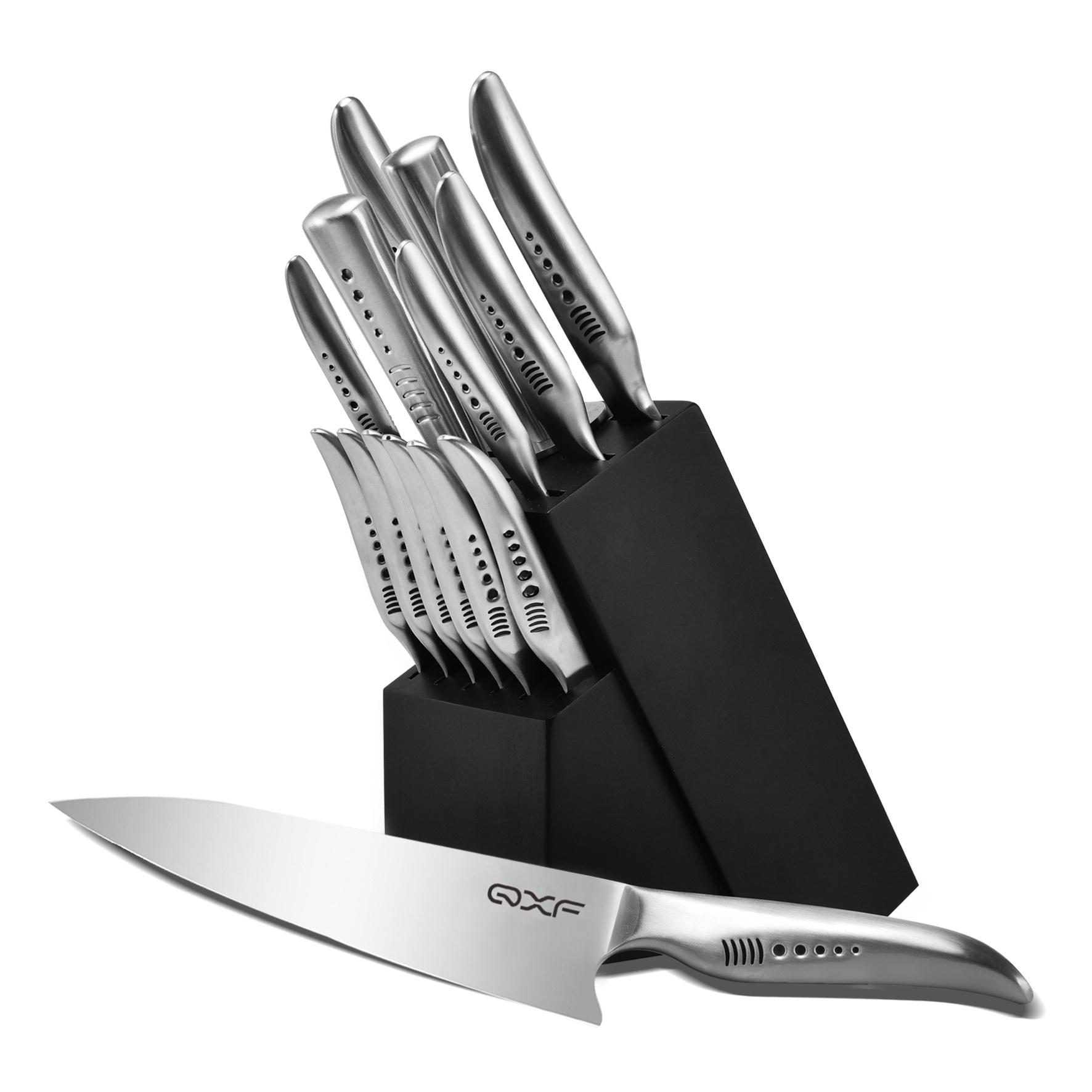 QXF Hot Sale Stainless Steel Shark Series Patent Hollow Handle Chef Knife Set with Wood Knife Block