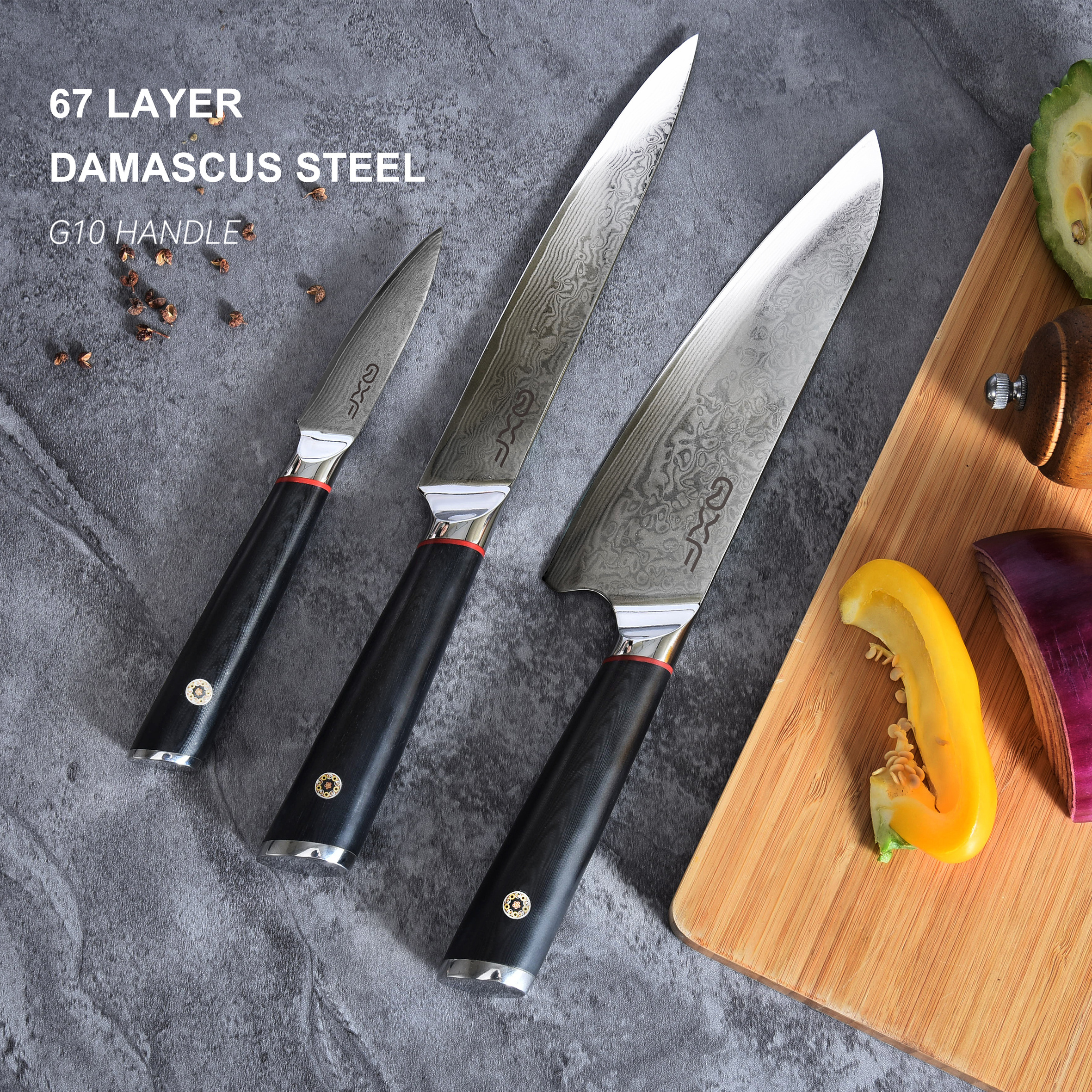 High End 4PCS Damascus Knife Set 67 Layer G10 Handle Damascus Steel 8 inch Damascus Chef Knife Set with Magnetic Stand