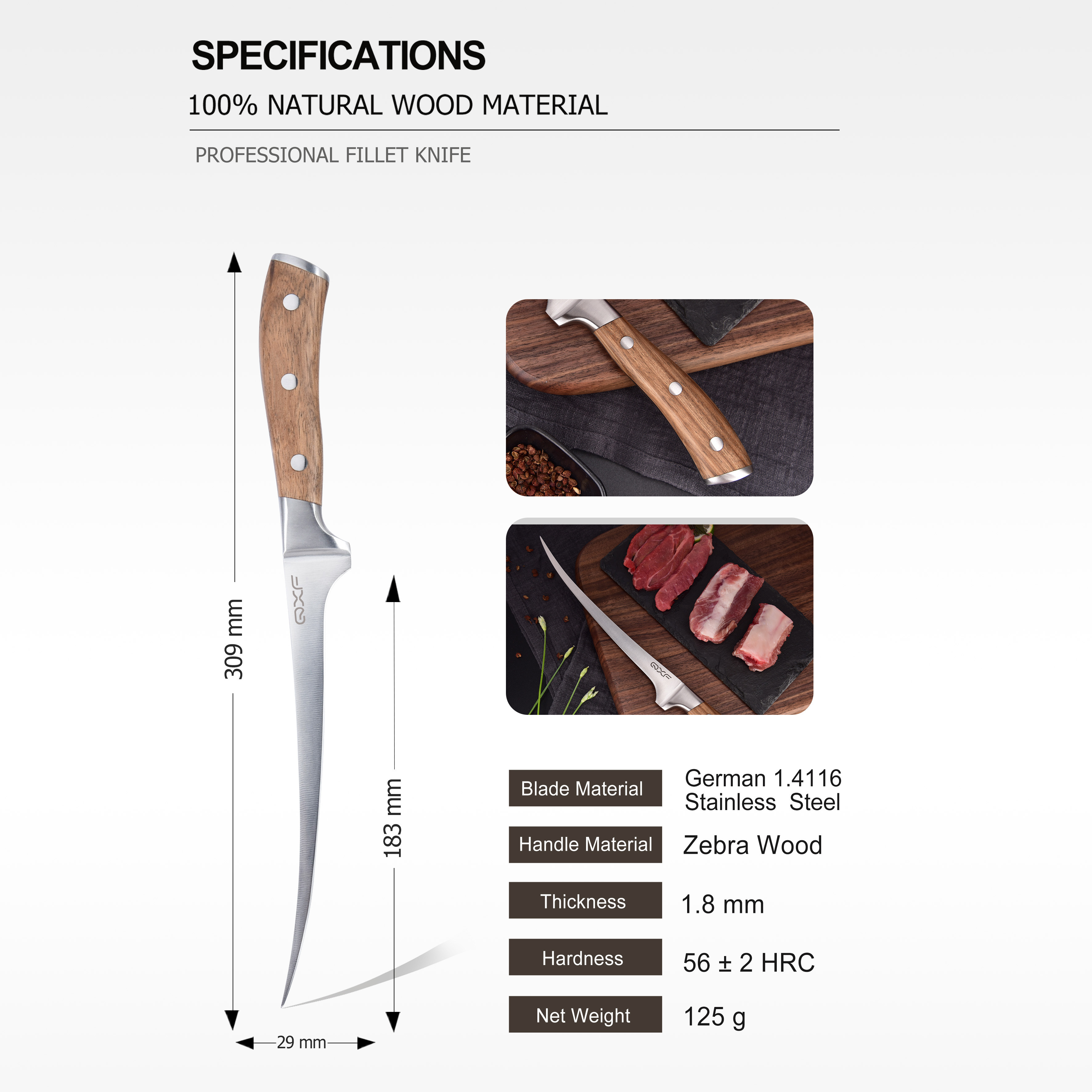 QXF Hot Sale German Stainless Steel Boning Knife Fishing Fillet Knives with Zebra Wood Handle