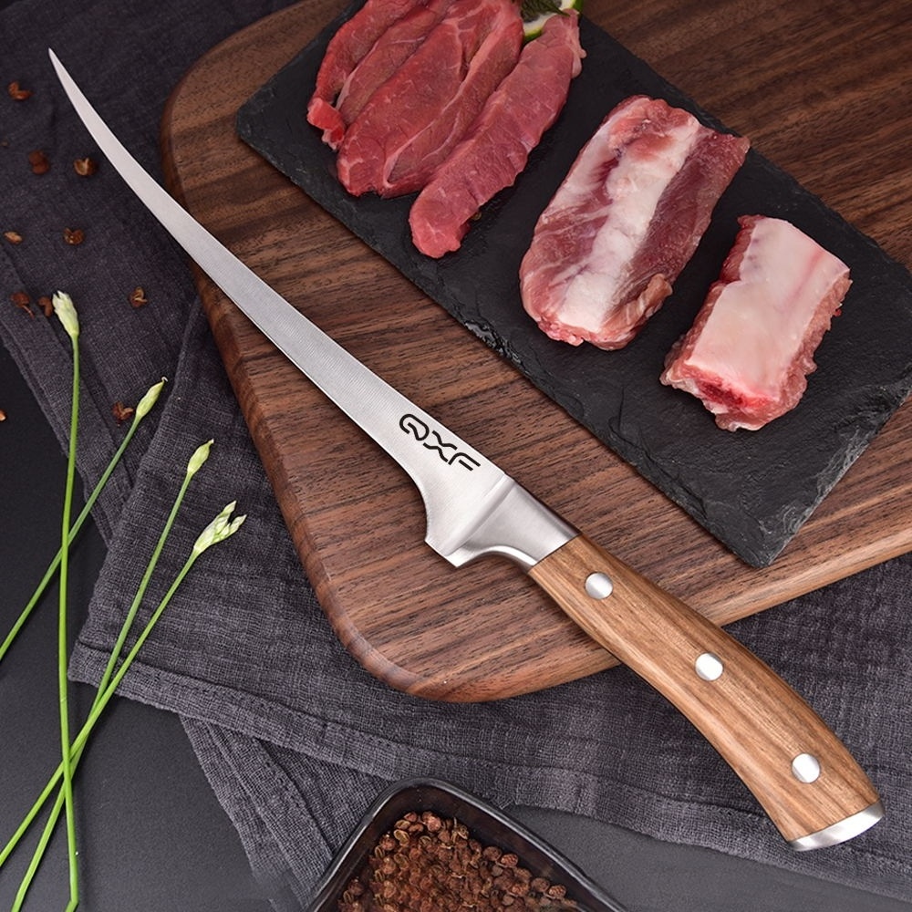 QXF Hot Sale German Stainless Steel Boning Knife Fishing Fillet Knives with Zebra Wood Handle