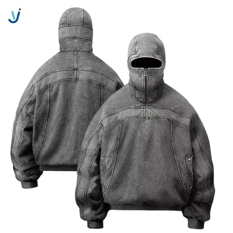 YiJia  Low Moq Wholesale Drop Shoulder Acid Wash Vintage Hoodie Men Full Face Hood Half Zip Up Retro Ninja Hoodie