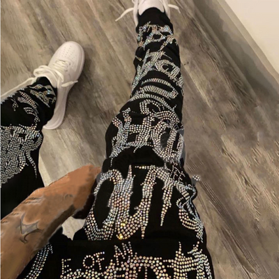 Custom Cotton Trousers Men Skinny Denim Pants Rhinestone Printed Sweatpants Streetwear Jeans Mens