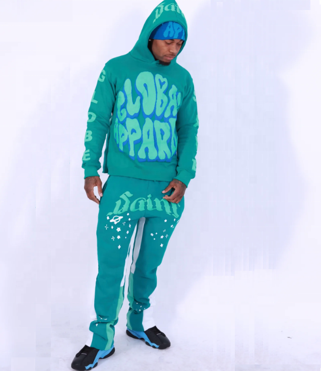 custom logo flared puff printing stacked mens sweat suits puff print tracksuit sweatsuit men