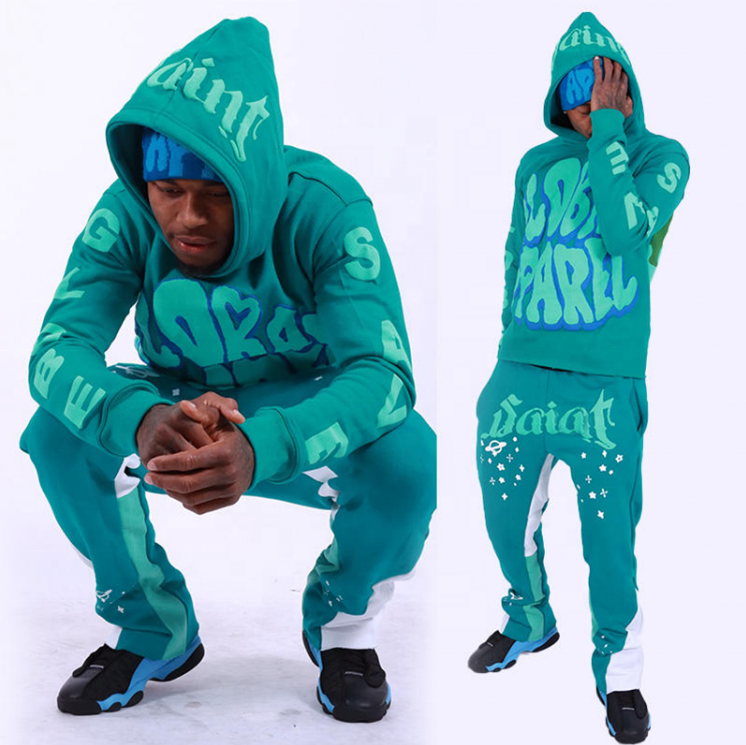 custom logo flared puff printing stacked mens sweat suits puff print tracksuit sweatsuit men