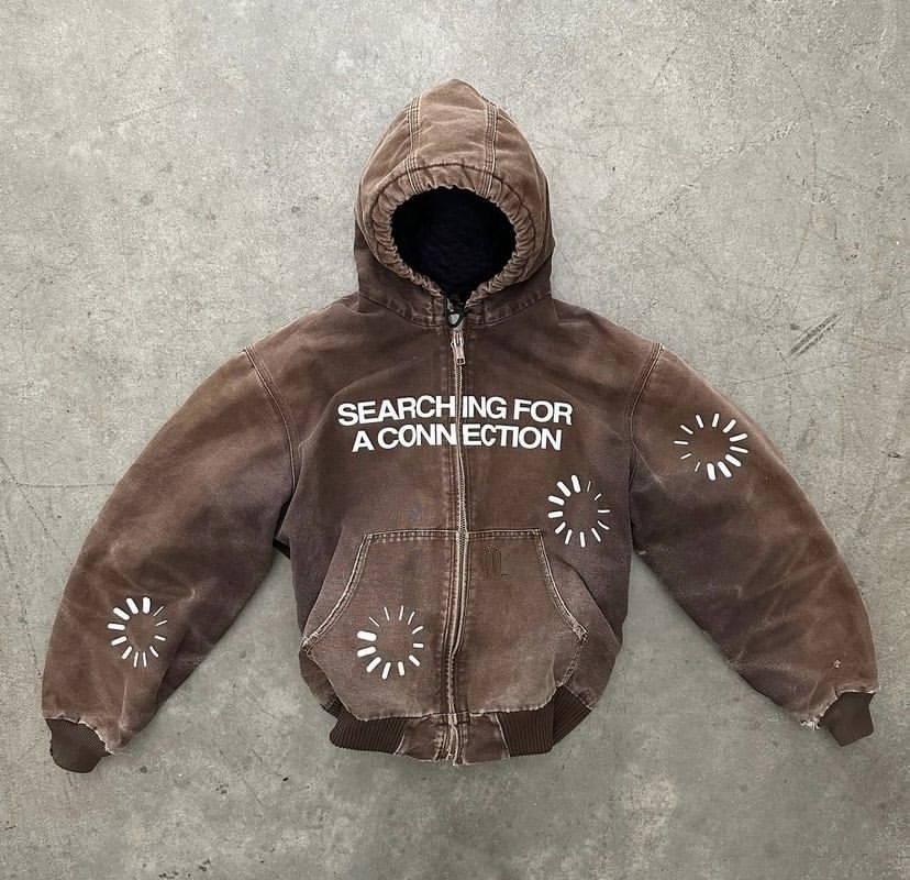 Custom Heavyweight Brown Duck Canvas Work Jacket With Hooded Zipper Up Printed Logo Distressed Crop Top Bomber Jacket Men