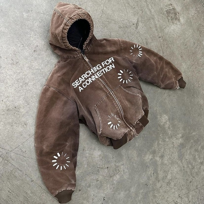 Custom Heavyweight Brown Duck Canvas Work Jacket With Hooded Zipper Up Printed Logo Distressed Crop Top Bomber Jacket Men