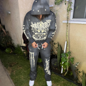 Custom Oversize French Terry Screen Print Vintage Flare Pants And Hoodie 2 Piece Set Sweatsuit Acid Washed Tracksuit Men