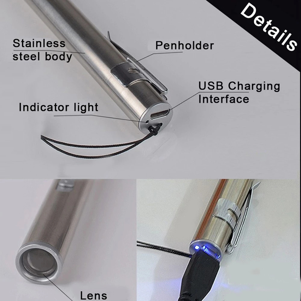 QXMOVING USB Rechargeable Portable Stainless Steel Pen Flashlight Doctor Medical Penlight Torch Light LED Pen Light