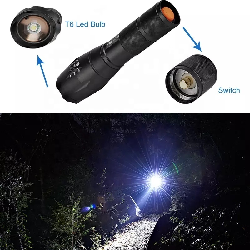 QXMOVING  18650 Battery 5 Modes T6 LED Zoom Rechargeable Waterproof Torch Light Tactical LED Flashlight For Camping