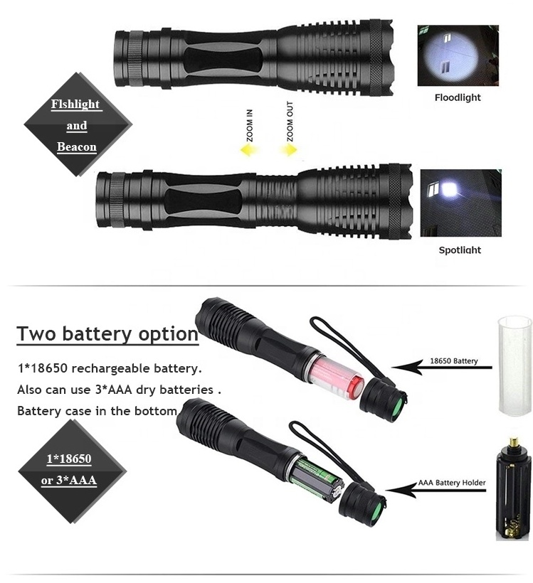 QXMOVING Super Bright High Lumens Waterproof Rechargeable Tactical Zoom LED Personal Protection Self Defense Flashlight