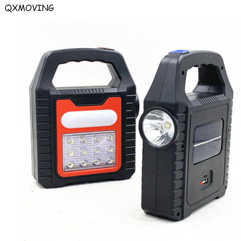 QXMOVING Portable Search Light USB Rechargeable Solar Powered LED Flame Lamp Flash Light Camping Tent Lantern