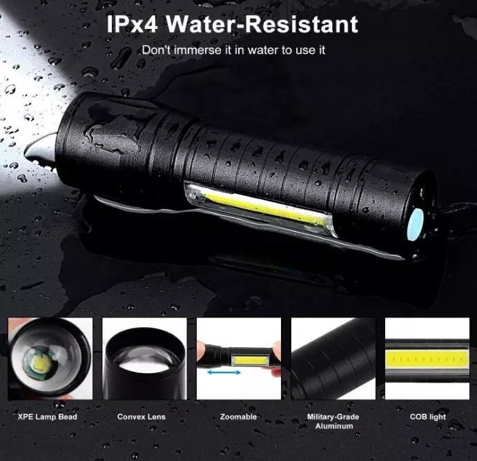 QXMOVING Zoomable USB Rechargeable Pocket Small LED Flashlight Waterproof Aluminum Tactical COB Mini Flashlights