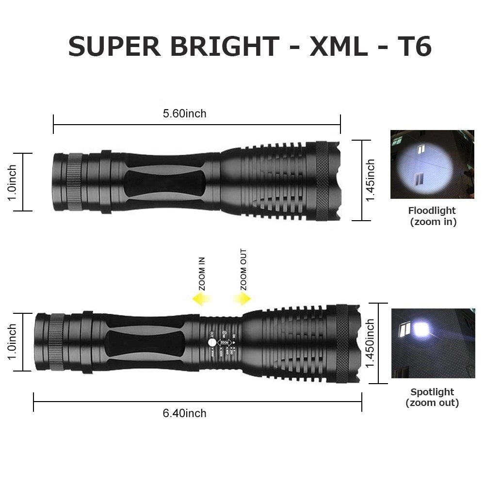 QXMOVING Super Bright High Lumens Waterproof Rechargeable Tactical Zoom LED Personal Protection Self Defense Flashlight