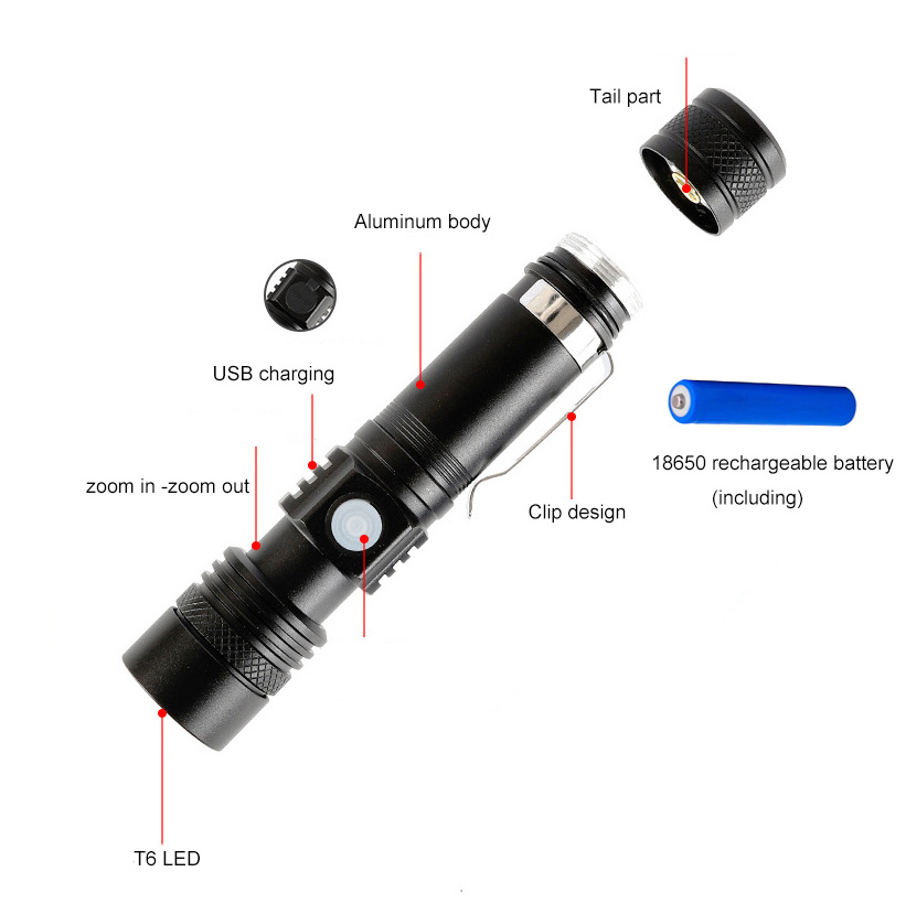 QXMOVING Waterproof Zoom Rechargeable 18650 Battery Pen Light With Clip Fast Track Mini Portable Tactical flashlight Torch Light