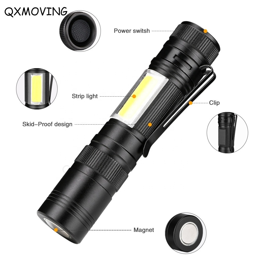 QXMOVING Outdoor AA Battery Torch Light With Clip Magnetic Mini 2 in 1 LED Camping COB Aluminum Flashlight Multitool