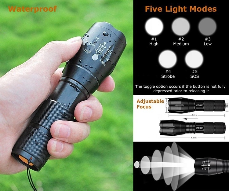 QXMOVING  18650 Battery 5 Modes T6 LED Zoom Rechargeable Waterproof Torch Light Tactical LED Flashlight For Camping