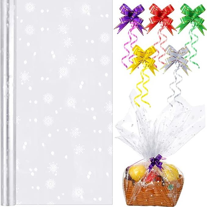 Christmas Clear Cellophane Wrap Roll 39 x 118 Inch Christmas Cellophane Wrap Snowflake Cellophane Rolls with 50 Pull String Bows