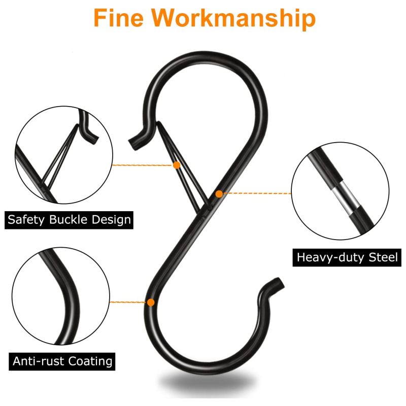 Hot selling Black S Hooks for Hanging Plants Clothes kitchen hooks with Safety Buckle Heavy Duty S Iron Hook