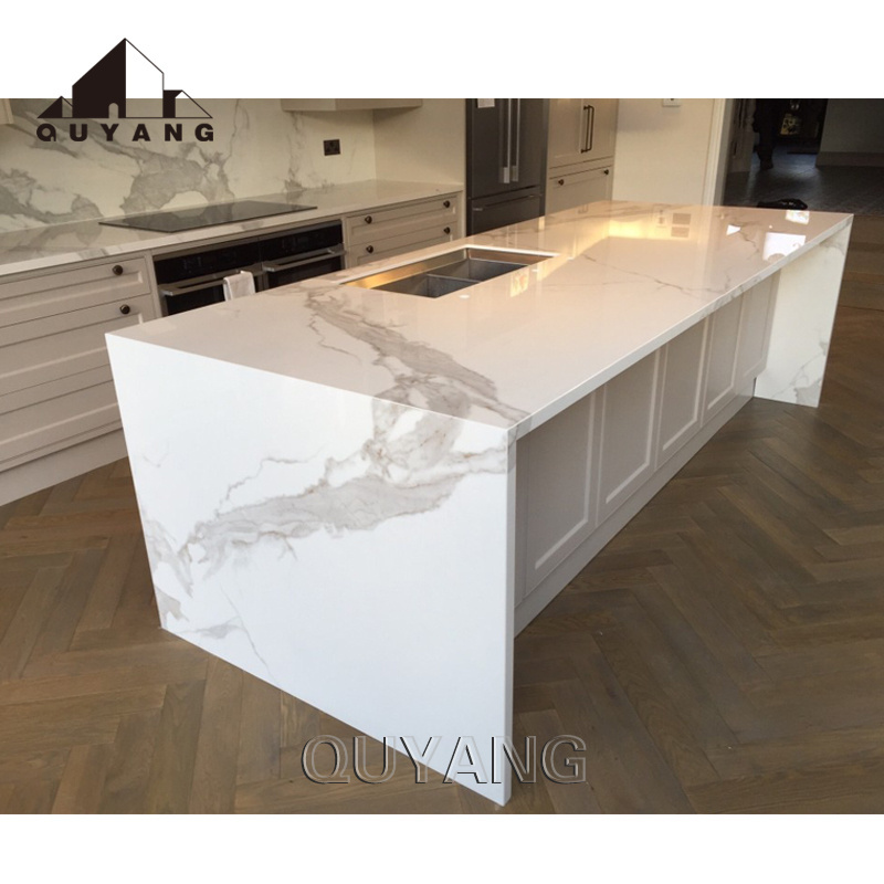 QUYANG Large Size Luxury White Porcelain Tiles Dining Table Thin Slab Kitchen Countertop Backsplash Sintered Stone