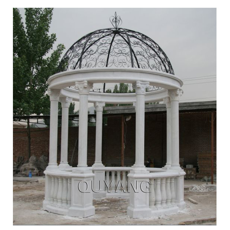 QUYANG Large Outdoor Decoration Round Stone Carving Column Pavilion White Garden Marble Gazebo for Wedding