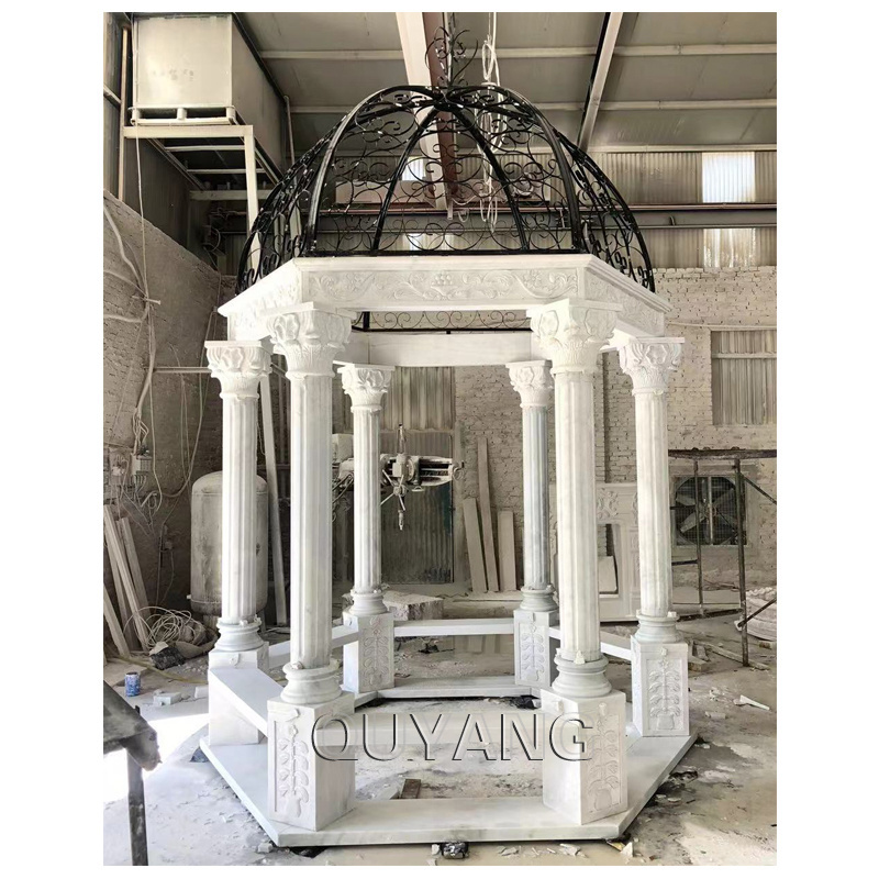 QUYANG Large Outdoor Decoration Round Stone Carving Column Pavilion White Garden Marble Gazebo for Wedding