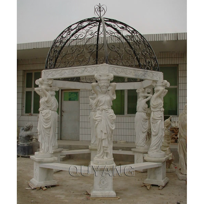 QUYANG Large Outdoor Decoration Round Stone Carving Column Pavilion White Garden Marble Gazebo for Wedding