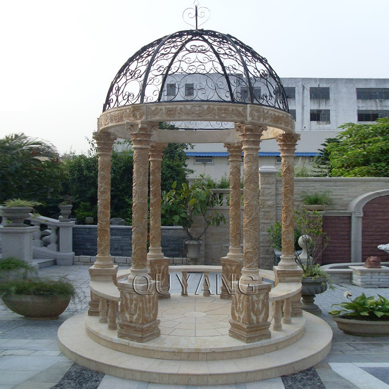 QUYANG Large Outdoor Decoration Round Stone Carving Column Pavilion White Garden Marble Gazebo for Wedding