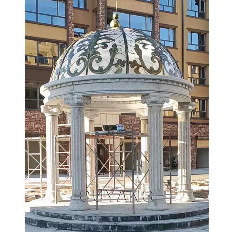 QUYANG Outdoor European Luxury Classic Stone Roman Column Modern Pavilion White Marble Garden Wedding Gazebos