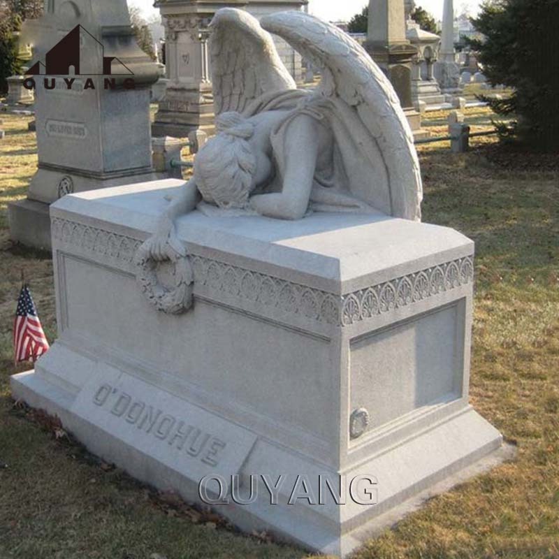 QUYANG Factory Sale European Style Stone Carving Granite White Marble Women Weeping Angel Cemetery Tombstone Monument