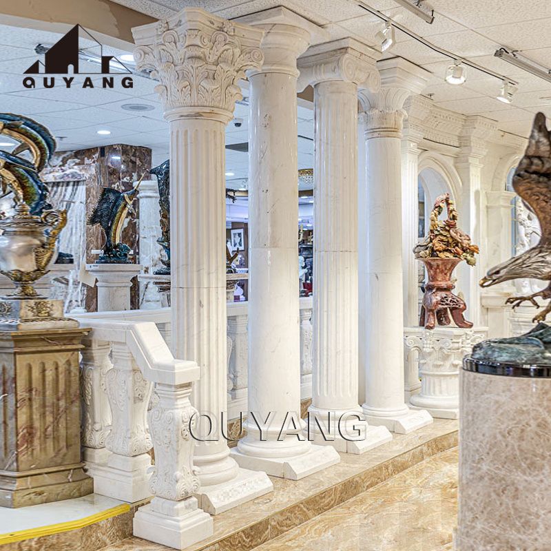 QUYANG House Classic Design Hand Carved Architectural Column Corinthian Pillar White Marble Porch Columns