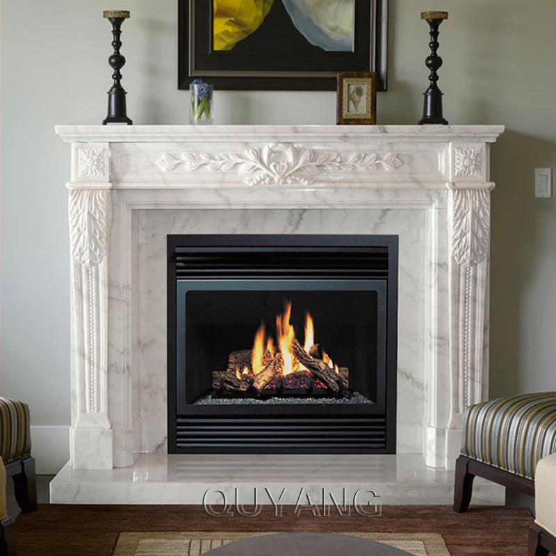 QUYANG Modern Designs Hand Carving Natural Stone Fireplace Mantles White Marble Fireplaces For Indoor Decoration