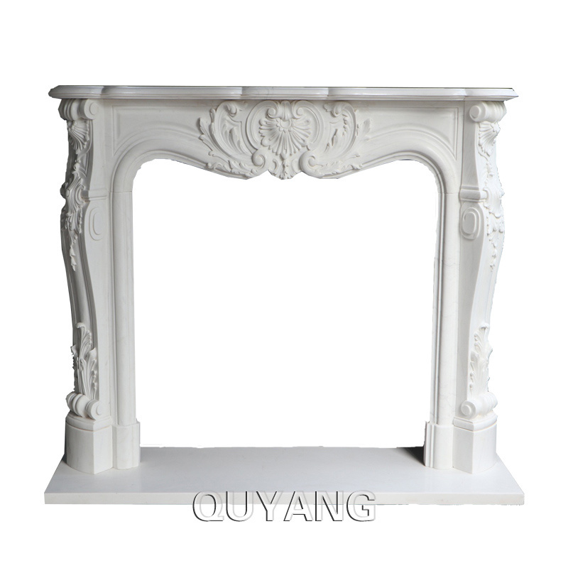 QUYANG Modern Designs Hand Carving Natural Stone Fireplace Mantles White Marble Fireplaces For Indoor Decoration